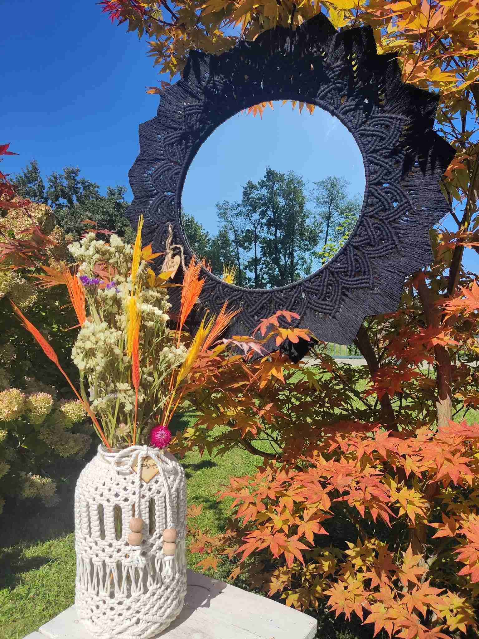 Lustro z mandalą CZARNE SŁOŃE BOHO  - DeasyArt – rękodzieło Boho, lampiony & dekoracje handmade