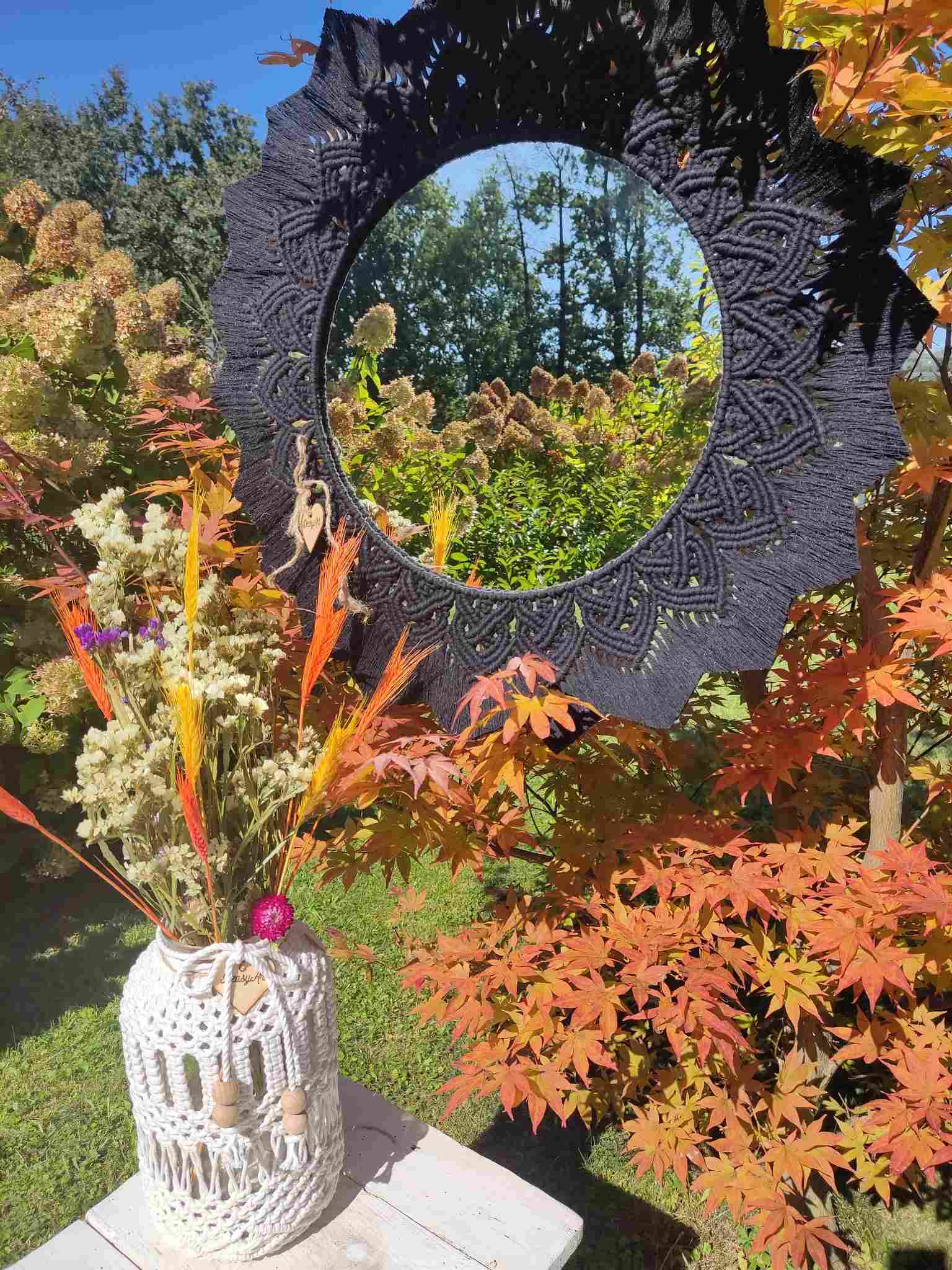 Lustro z mandalą CZARNE SŁOŃE BOHO  - DeasyArt – rękodzieło Boho, lampiony & dekoracje handmade