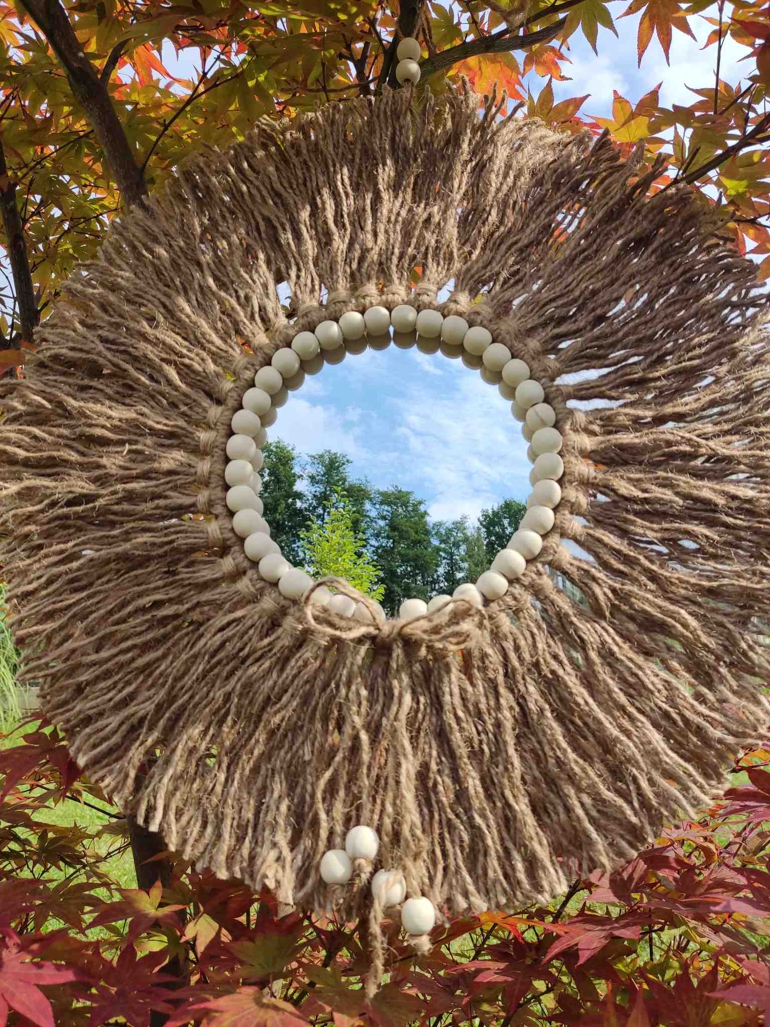 Lustro z liny SŁONECZNA AURA  - DeasyArt – rękodzieło Boho, lampiony & dekoracje handmade