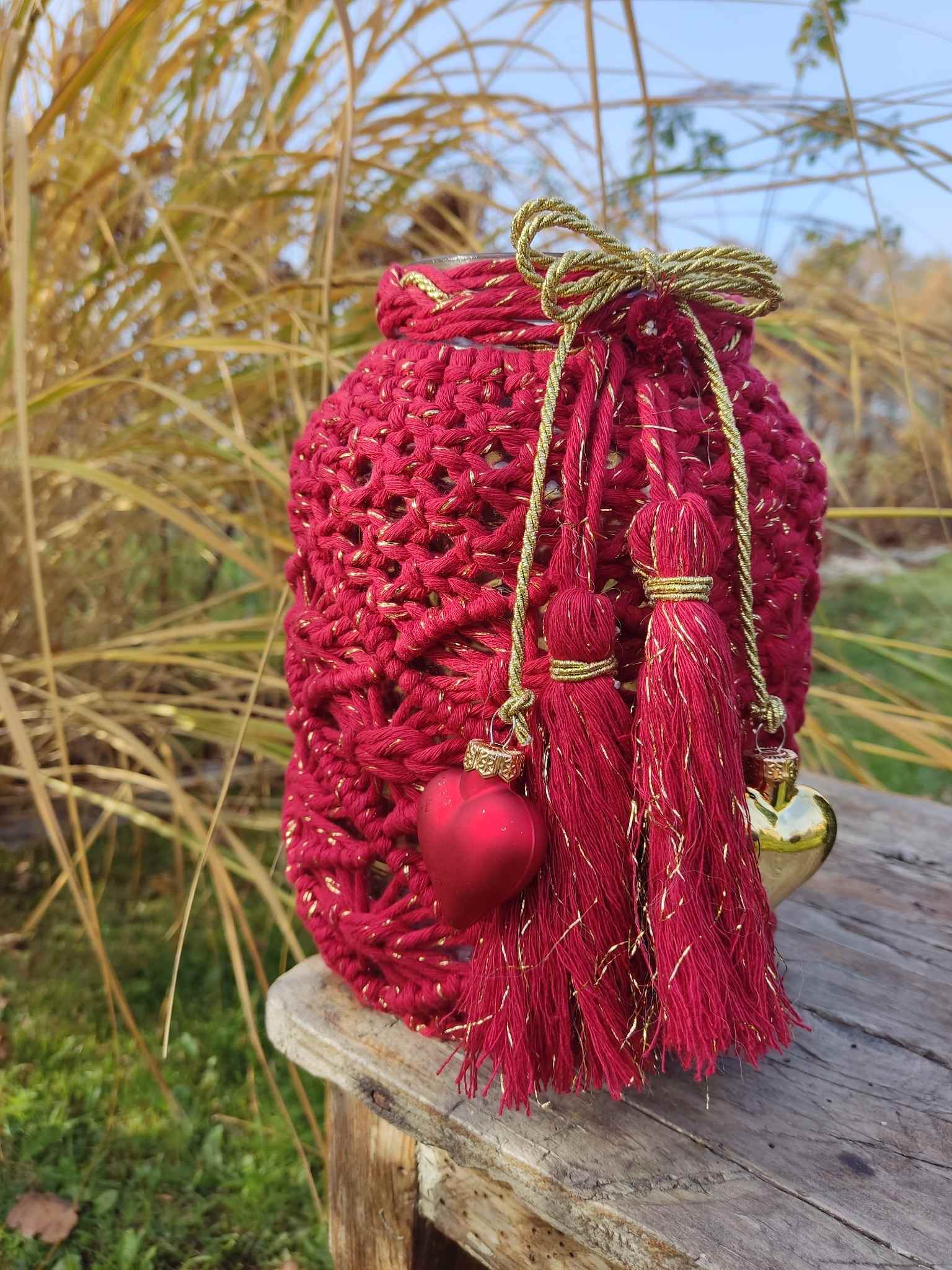 Świąteczny lampion RED BOHO HEART - DeasyArt – rękodzieło Boho, lampiony & dekoracje handmade