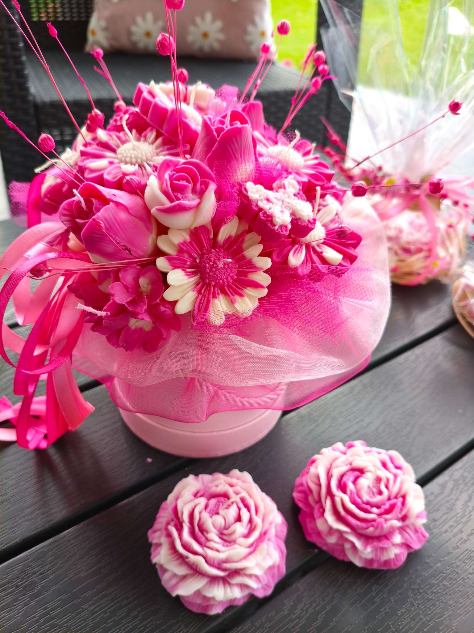 Candle Flower box XL RÓŻOWE STOKROTKI  - DeasyArt – rękodzieło Boho, lampiony & dekoracje handmade