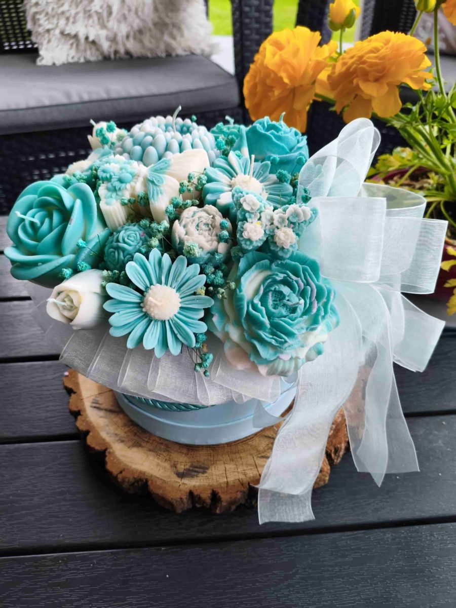 Candle flower box XL turkus wykonany z naturalnych świec sojowych z aromatem - DeasyArt – rękodzieło Boho, lampiony & dekoracje handmade