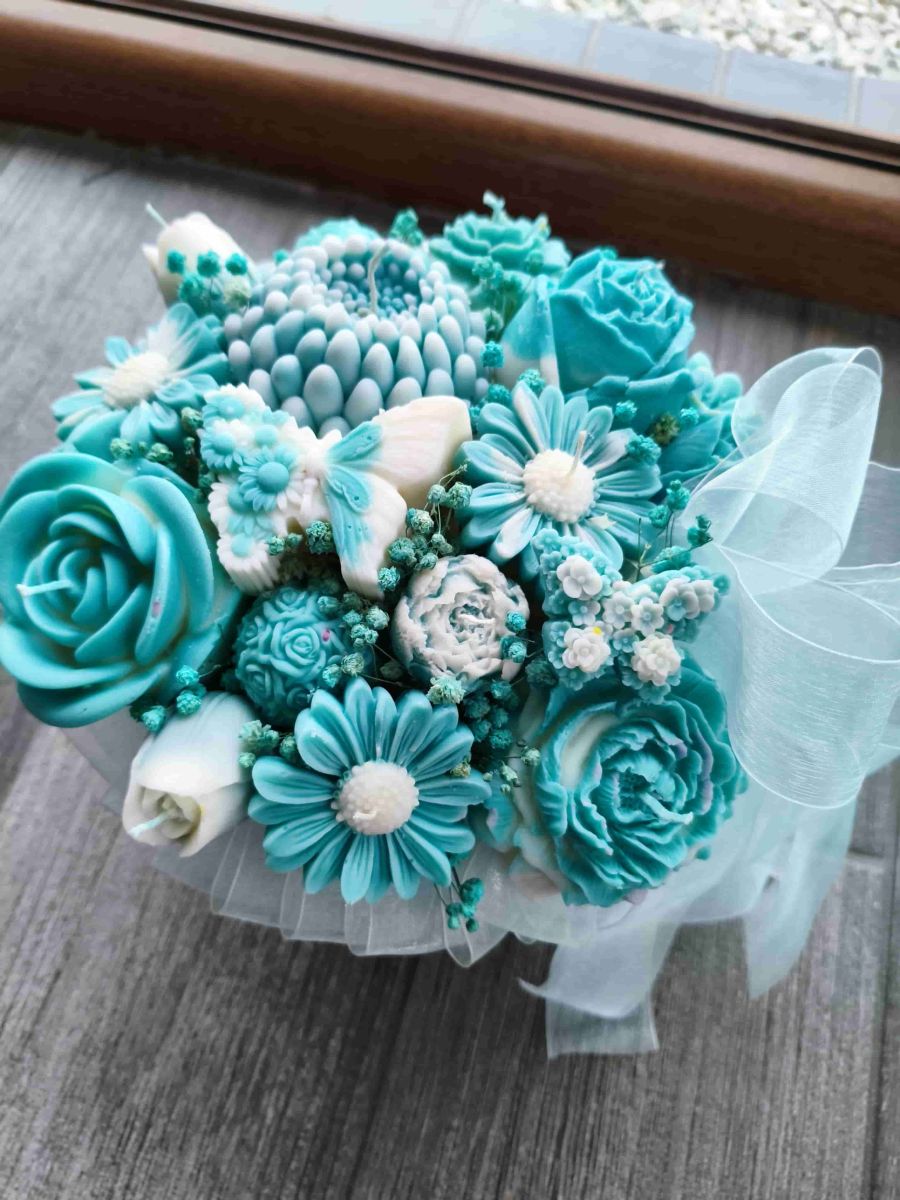 Candle flower box XL turkus wykonany z naturalnych świec sojowych z aromatem - DeasyArt – rękodzieło Boho, lampiony & dekoracje handmade