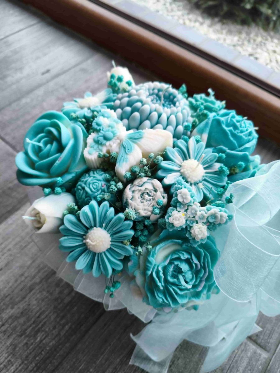 Candle flower box XL turkus wykonany z naturalnych świec sojowych z aromatem - DeasyArt – rękodzieło Boho, lampiony & dekoracje handmade