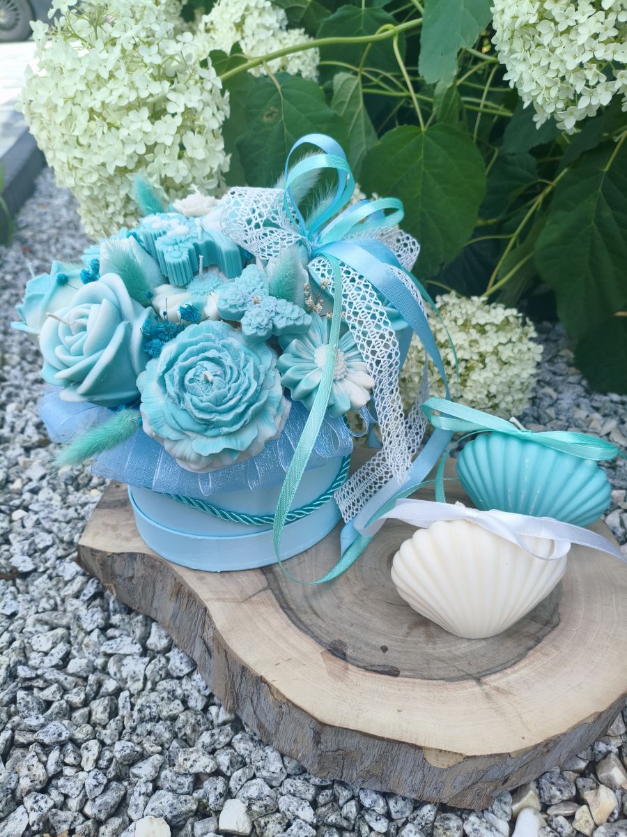 Candle Flowers Box „Turkusowe Marzenie” - z naturalnego wosku sojowego - DeasyArt – rękodzieło Boho, lampiony & dekoracje handmade