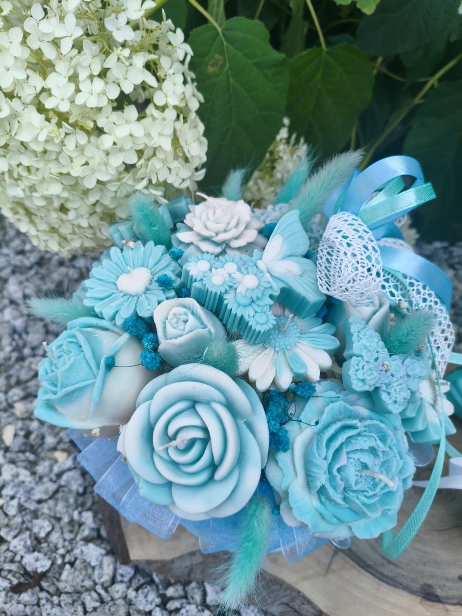 Candle Flowers Box „Turkusowe Marzenie” - z naturalnego wosku sojowego - DeasyArt – rękodzieło Boho, lampiony & dekoracje handmade