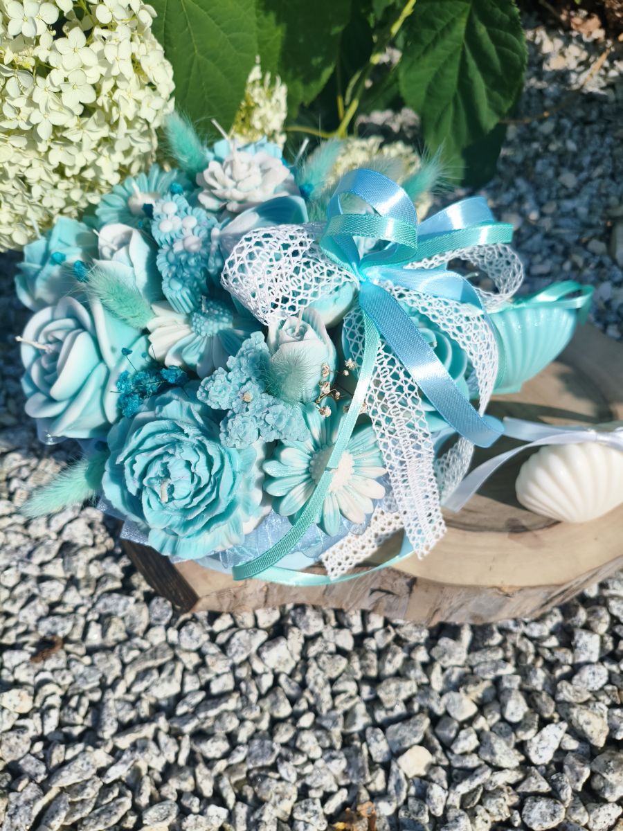 Candle Flowers Box „Turkusowe Marzenie” - z naturalnego wosku sojowego - DeasyArt – rękodzieło Boho, lampiony & dekoracje handmade