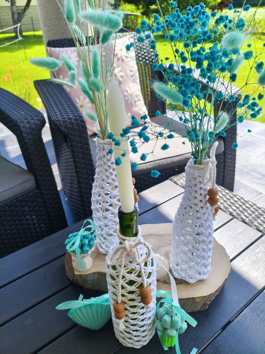 „Naturalna Harmonia” – Butelka z makramą handmade - DeasyArt – rękodzieło Boho, lampiony & dekoracje handmade
