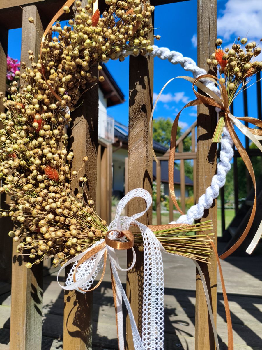 Wyjątkowy wianek z naturalnego lnu w styl Boho  – ręcznie wykonany - DeasyArt – rękodzieło Boho, lampiony & dekoracje handmade