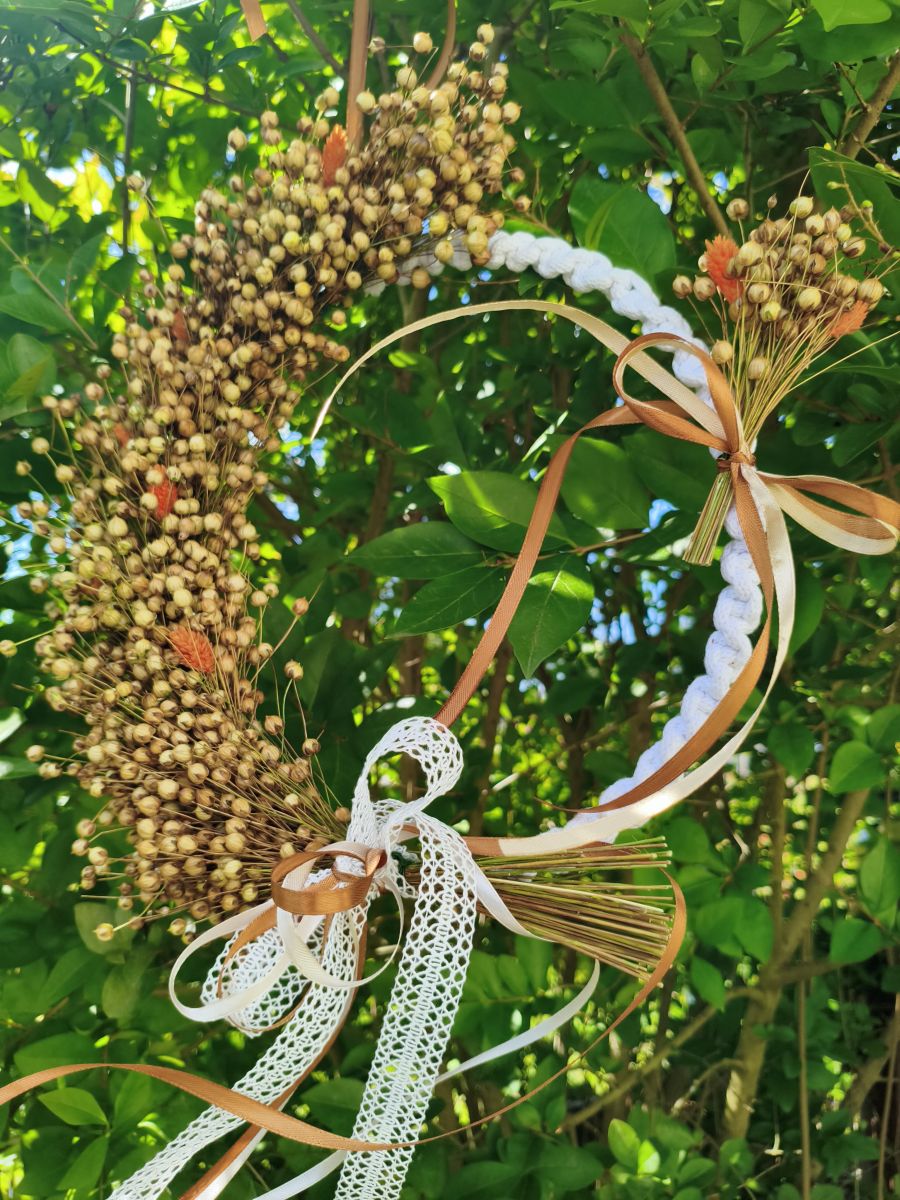 Wyjątkowy wianek z naturalnego lnu w styl Boho  – ręcznie wykonany - DeasyArt – rękodzieło Boho, lampiony & dekoracje handmade
