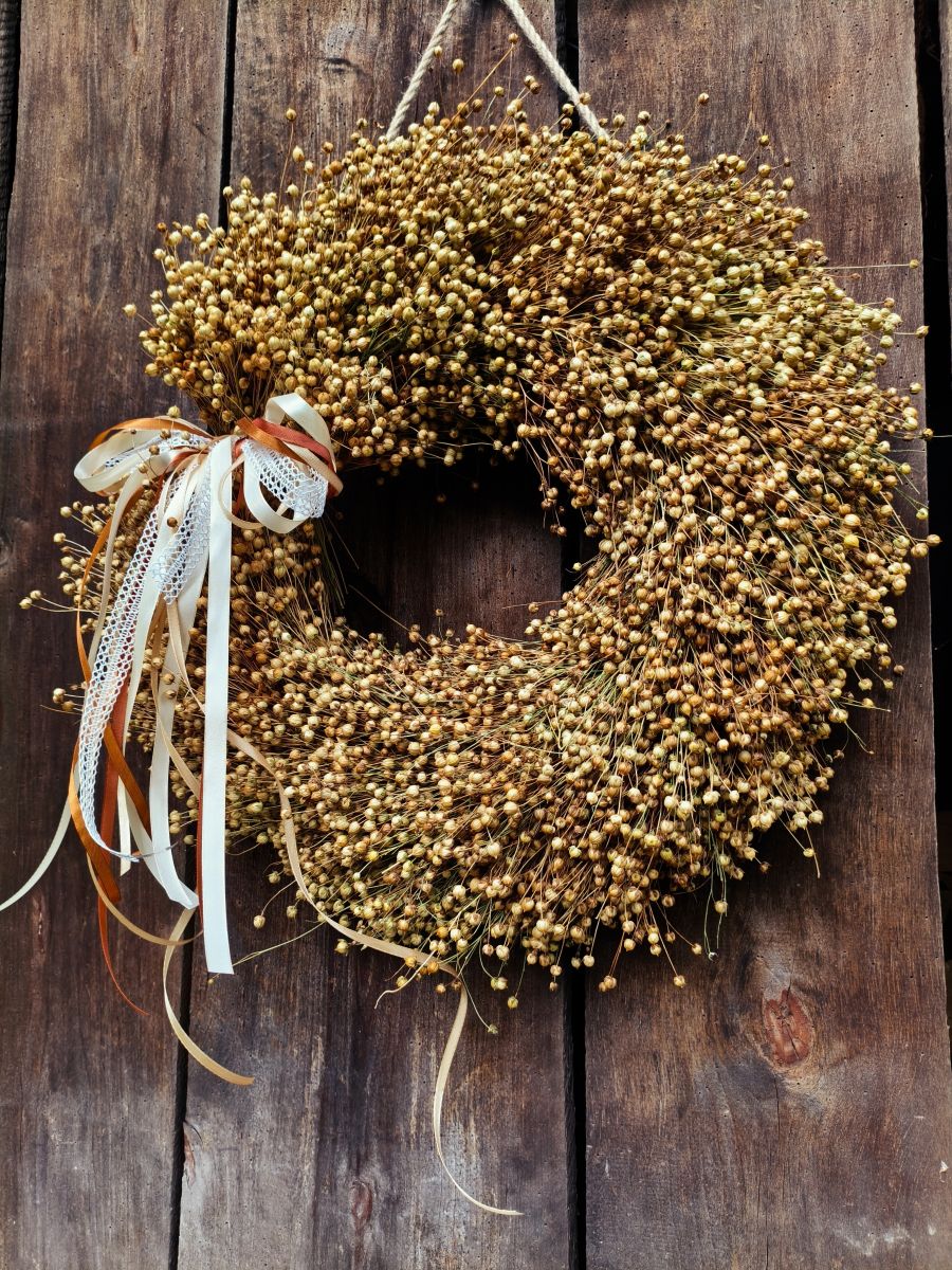 „Lniana Jesień” – UNIKATOWY naturalny wianek z suszonego lnu 50 cm | rękodzieło - DeasyArt – rękodzieło Boho, lampiony & dekoracje handmade