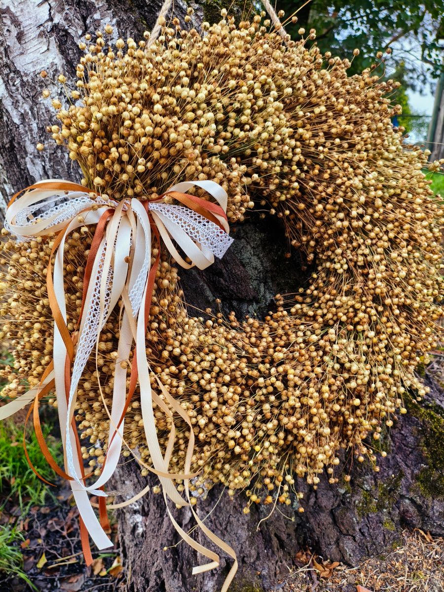 „Lniana Jesień” – UNIKATOWY naturalny wianek z suszonego lnu 50 cm | rękodzieło - DeasyArt – rękodzieło Boho, lampiony & dekoracje handmade