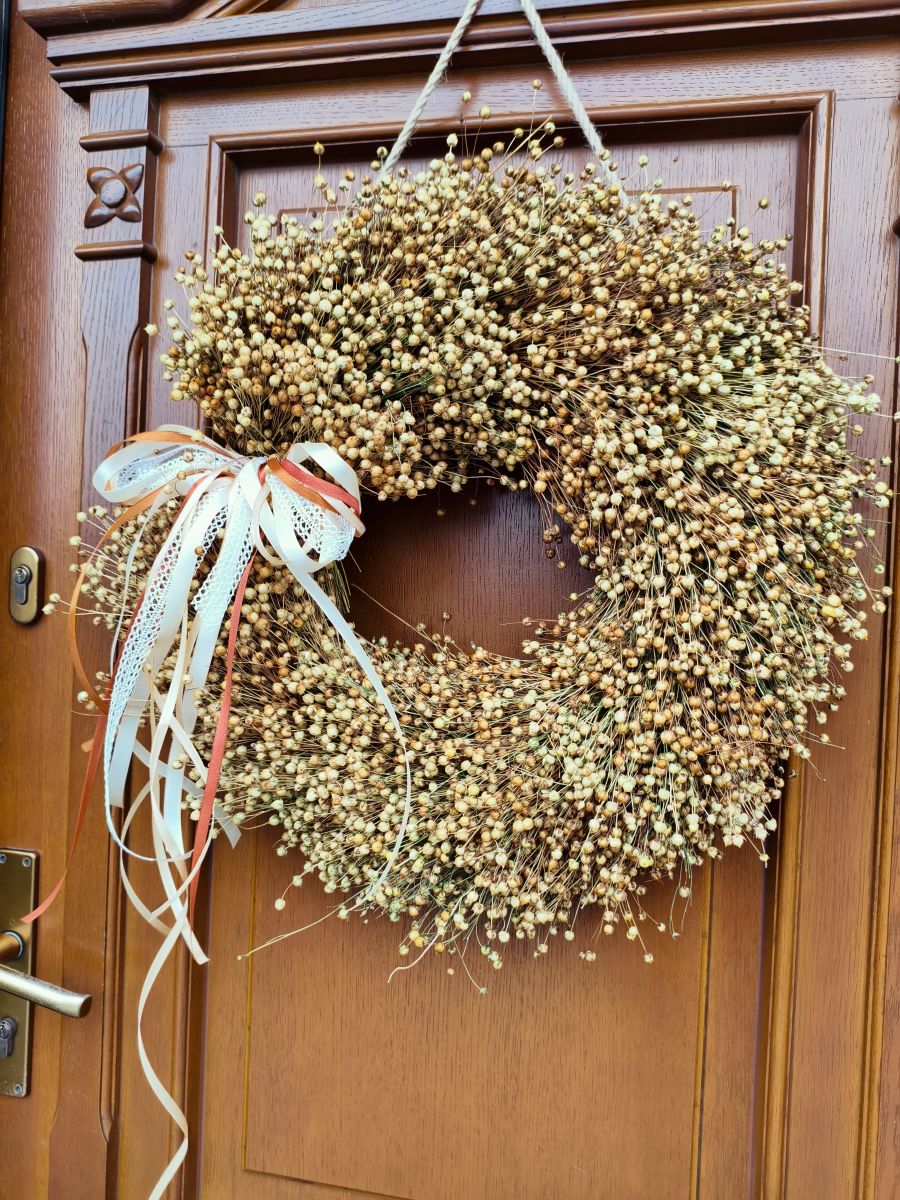 „Lniana Jesień” – UNIKATOWY naturalny wianek z suszonego lnu 50 cm | rękodzieło - DeasyArt – rękodzieło Boho, lampiony & dekoracje handmade