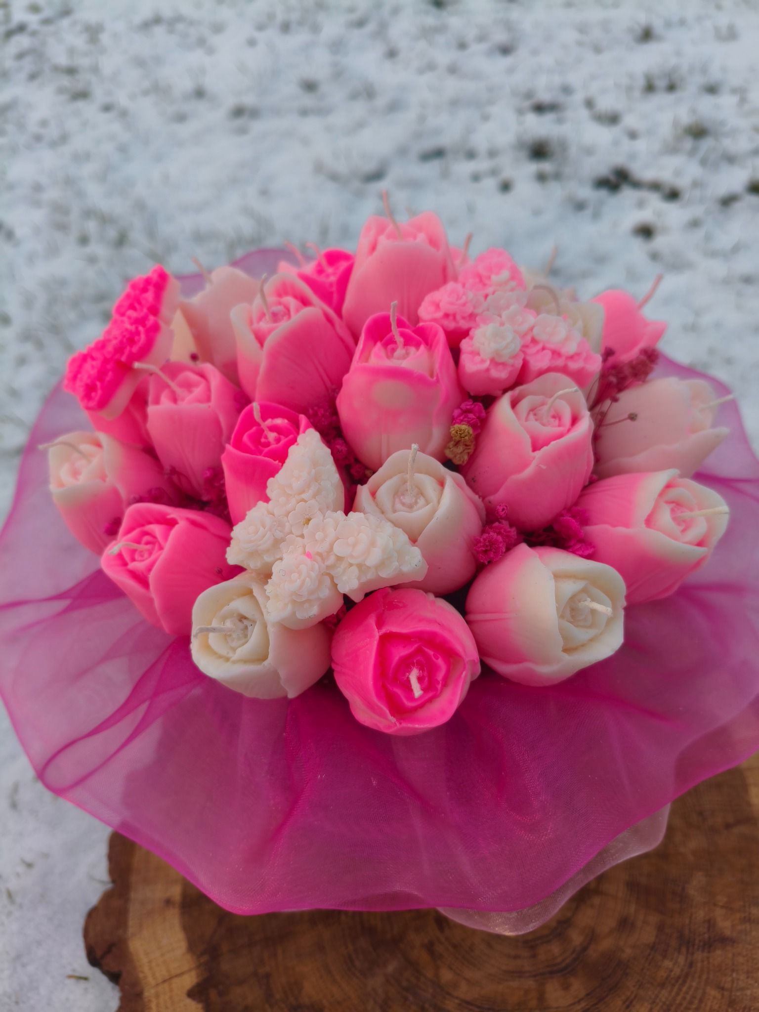 Candle Flower box różowe tulipany XL wykonany z naturalnych świec sojowych  - DeasyArt – rękodzieło Boho, lampiony & dekoracje handmade