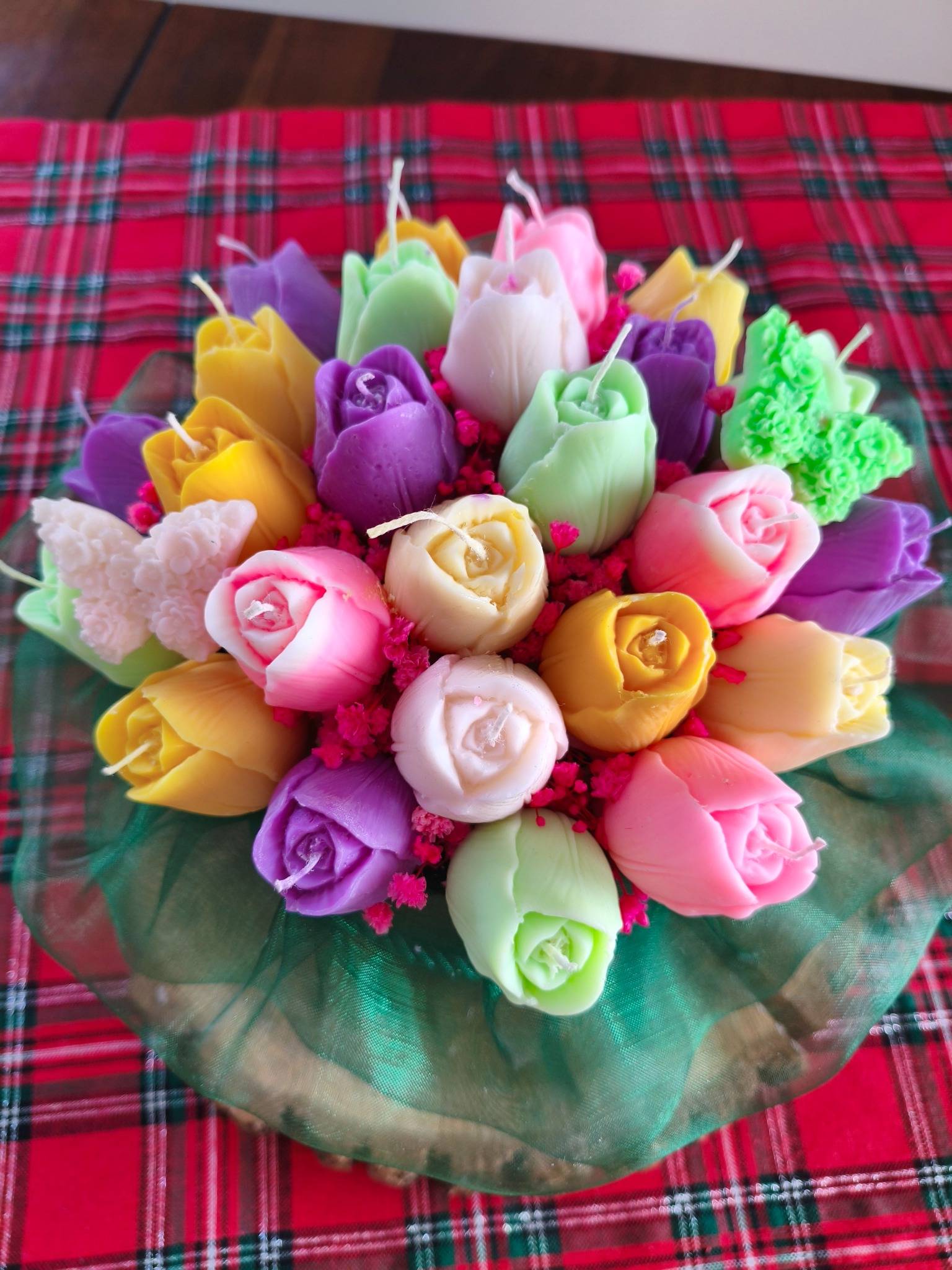 Candle Flower box kolorowe tulipany XL wykonany z naturalnych świec sojowych - DeasyArt – rękodzieło Boho, lampiony & dekoracje handmade