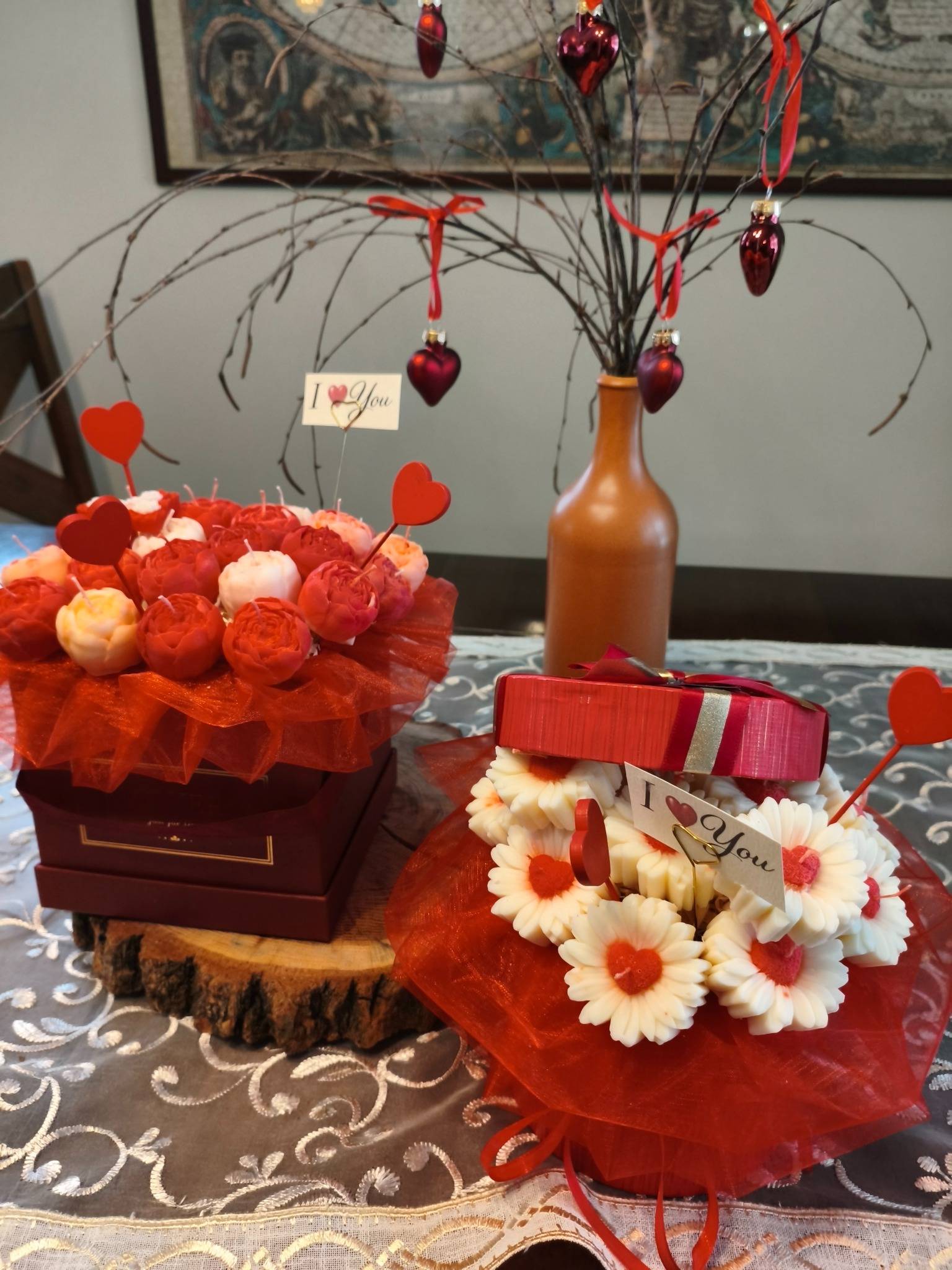 Walentynkowy Candle Flower box XL wykonany z naturalnych świec sojowych z aromatem - DeasyArt – rękodzieło Boho, lampiony & dekoracje handmade