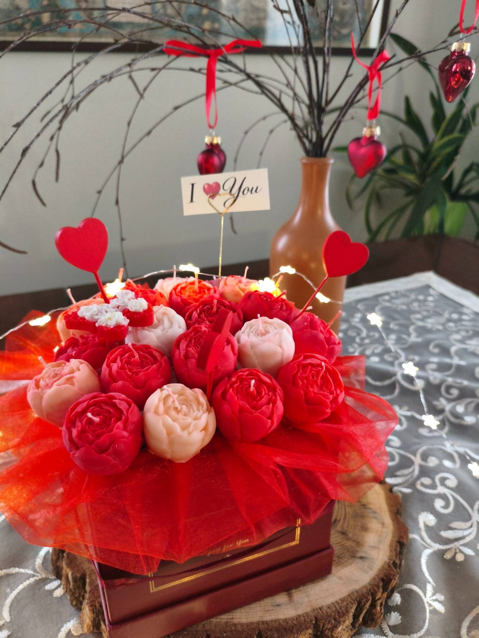 Walentynkowy Candle Flower box XL wykonany z naturalnych świec sojowych z aromatem - DeasyArt – rękodzieło Boho, lampiony & dekoracje handmade